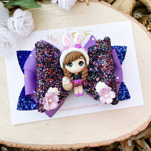 Brown Hair Ice Princess Bunny Ribbon Bow